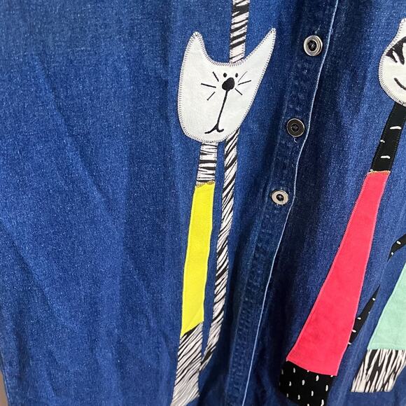 Vintage 90s Cat Lady Denim Shirt Dress Size M Blue Jean Embroidered Stretch Fun - Picture 5 of 9